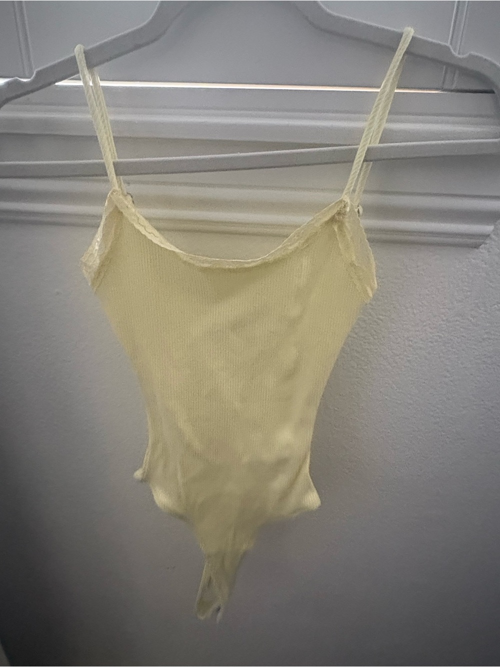 Fashion Nova Pale Yellow Lace-Trim Ribbed Bodysuit
